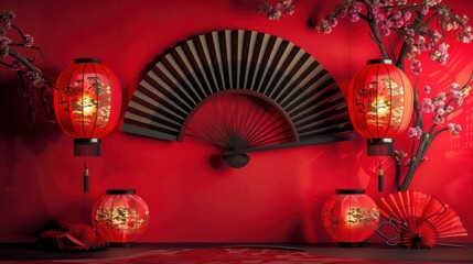Chinese lanterns and fans on a red background during the New Year festival
