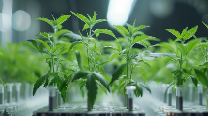 Laboratory technicians monitoring the growth of cannabis in controlled conditions