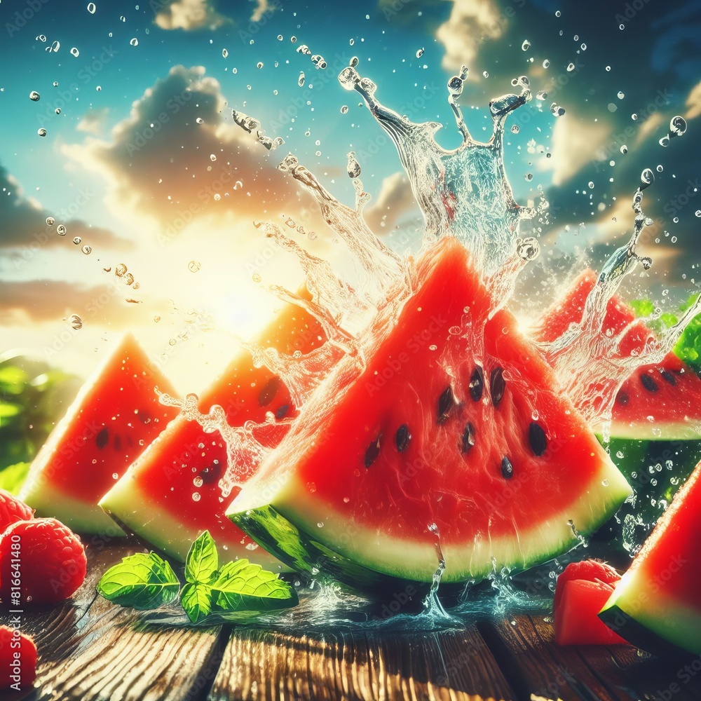 Poster vibrant image capturing a fresh watermelon slice with a splash of water against a sunny backdrop, ev