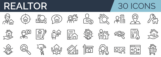 Set of 30 outline icons related to realtor. Linear icon collection. Editable stroke. Vector illustration