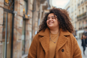 Fototapeta premium Beautiful plus size young woman outdoors - Confident chubby oversize female model strolling in the city, concepts about diversity, body acceptance and body positive