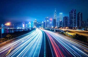 A long exposure photo of a city skyline at night with light trails on the highway