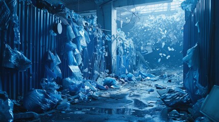 Plastic trash in blue color. The problem of ecology, waste recycling, waste disposal, reusable use, recyclables use, consumer culture.