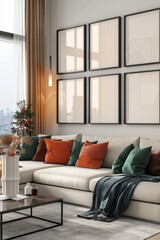 Modern minimalistic living room in a mix of bohemian, scandinavian, nordic and baroque style. Mockup with a wall frame poster background. Interior design inspiration for a magazine, decoration