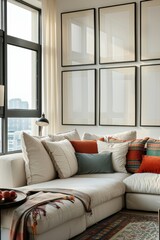 Fototapeta premium Modern minimalistic living room in a mix of bohemian, scandinavian, nordic and baroque style. Mockup with a wall frame poster background. Interior design inspiration for a magazine, decoration