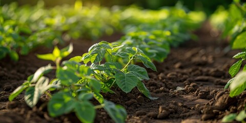 Obraz premium Rows of organic beans growing robustly on a sunny farm.