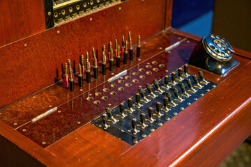 Close-up of old traditional telephone and telegraph wiring equipment