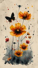 A painting of a field of flowers with a butterfly in the center