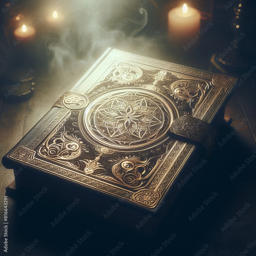 Aufkleber an enchanting grimoire surrounded by lit candles, invoking a sense of mystery and ancient knowledge.
