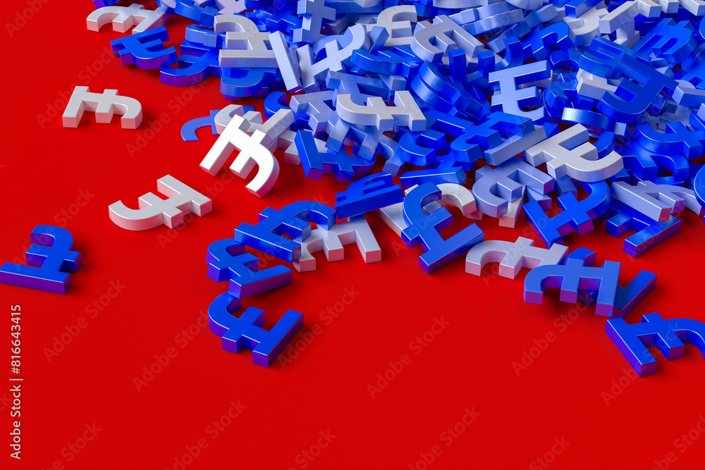 Aufkleber a stack of pound symbol on a red background. 3d rendering