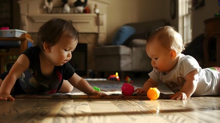 Two Toddlers Playing With Toys on the Floor