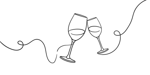 Continuous line champagne cheers one line art, continuous drawing contour. Hands toasting with wine glasses with drinks. Cheers toast festive decoration for holidays. Vector illustration  © DOROTHEA