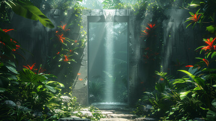 Obraz premium Gateway to Adventure: Doorway to Enchanted Jungle Realm