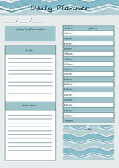 Daily planner in shades of blue with watercolor illustration. For creating a daily schedule, notes and daily affirmations