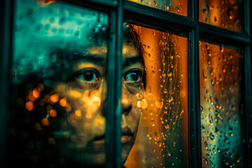 An individual is standing by a window with tired eyes and a weary expression