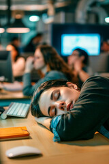 a person is struggling to stay awake at their office desk