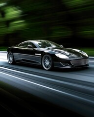 Create an nature image of a sleek, modern car speeding with dynamic motion blur effects. The car should appear to be in high-speed motion with streaks of light and motion lines