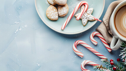 Plates with tasty candy cane cookies Christmas decor