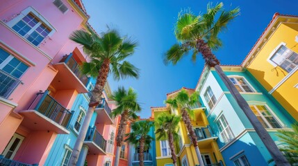 Colorful apartments in American tourist attractions and palm trees