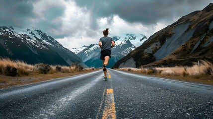 Rear view of athlete jogging on mountain road 
