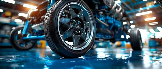 Underneath a car showing detailed suspension, exhaust system, and drivetrain, in a mechanic's workshop