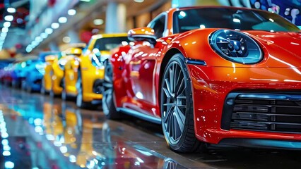 Model range of colorful luxury cars in a car showroom. Focus on the headlight and bumper of a red car