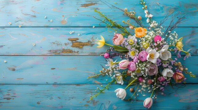 Easter themed floral arrangement on blue wooden backdrop with room for text Overhead view Easter decor - Powered by Adobe