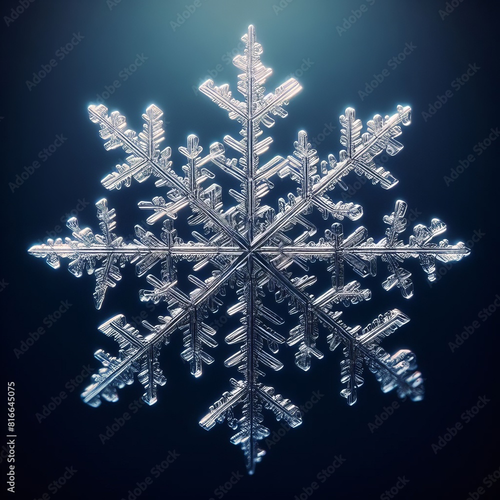 Poster a macro shot captures the unique, symmetrical beauty of a snowflake crystal, shimmering with intrica