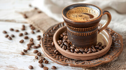 Pot with delicious turkish coffee and plate with beans