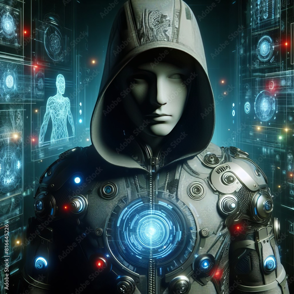 Poster a mysterious figure in a hoodie interfaces with futuristic technology, surrounded by holographic dat