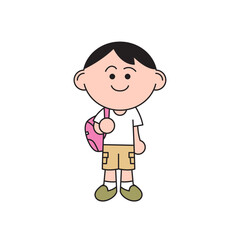 A boy is ready for a trip. He is standing in casual outfits and holding a backpack. Cartoon style character illustration. 