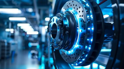 Fototapeta premium a high-performance car brake disc and caliper in a modern automotive workshop