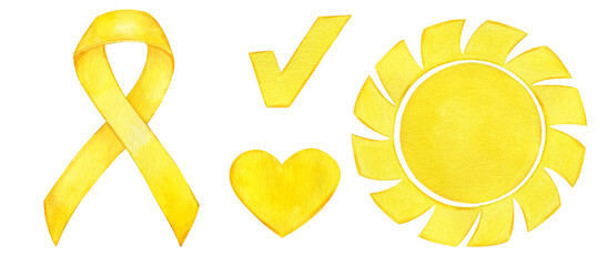 Watercolor set of yellow sun, ribbon, heart and check mark. Symbols of UV Safety Awareness Month. Hand drawn watercolor illustrations isolated on transparent.