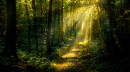 Beautiful deciduous forest with penetrating sun rays.