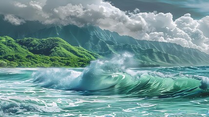 Majestic waves crash against the coastline with lush green mountains in the background, embodying...