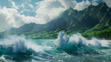 Majestic waves crash against the coastline with lush green mountains in the background, embodying...