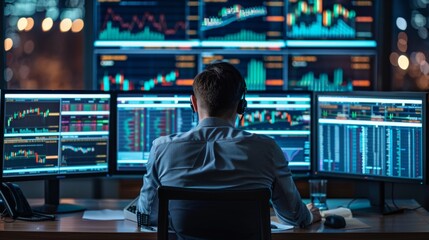 Fototapeta premium Traders working at their desks with multiple monitors showing market data