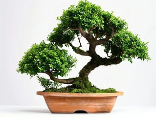 A beautifully shaped bonsai tree with lush green foliage in a terracotta ceramic pot, set against a plain white background. The image captures the essence of tranquility and nature's artistry