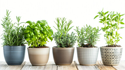 Pots with fresh aromatic herbs on wooden table against