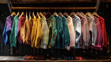 Colorful Sweaters Hanging on Wooden Rack
