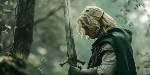 Obraz premium Blonde male Elf warrior with magical greatsword in enchanted forest. Concept Fantasy, Elf, Warrior, Greatsword, Enchanted Forest