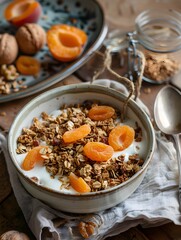 Fototapeta premium homemade granola with dried apricots and nuts for breakfast
