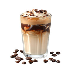ice latte coffee with milk in tall glass surrounded with coffee beans. Isolated on transparent background with clipping path 