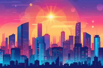 Fototapeta premium Urban skyline view flat design top view city exploration theme cartoon drawing Tetradic color scheme