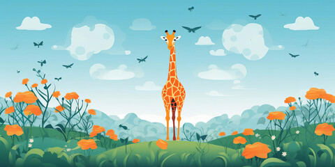 The giraffe stands in a lush green field, surrounded by tall grass and wildflowers - Powered by Adobe