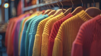 Collection of shirts. Boutique. Sweaters on hangers in the wooden rack of a wardrobe.