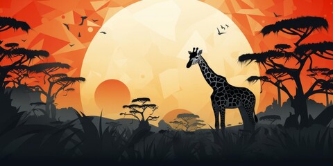 The giraffe stands tall in the African savanna, its long neck reaching up to the leaves of the...