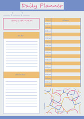 Daily planner in orange colors with abstract watercolor illustration. For creating a daily schedule, notes and daily affirmations