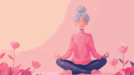 Portrait of meditating mature woman on pink background