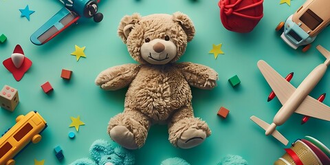 a cheerful and colorful scene with an assortment of children's toys laid out on a mint green background